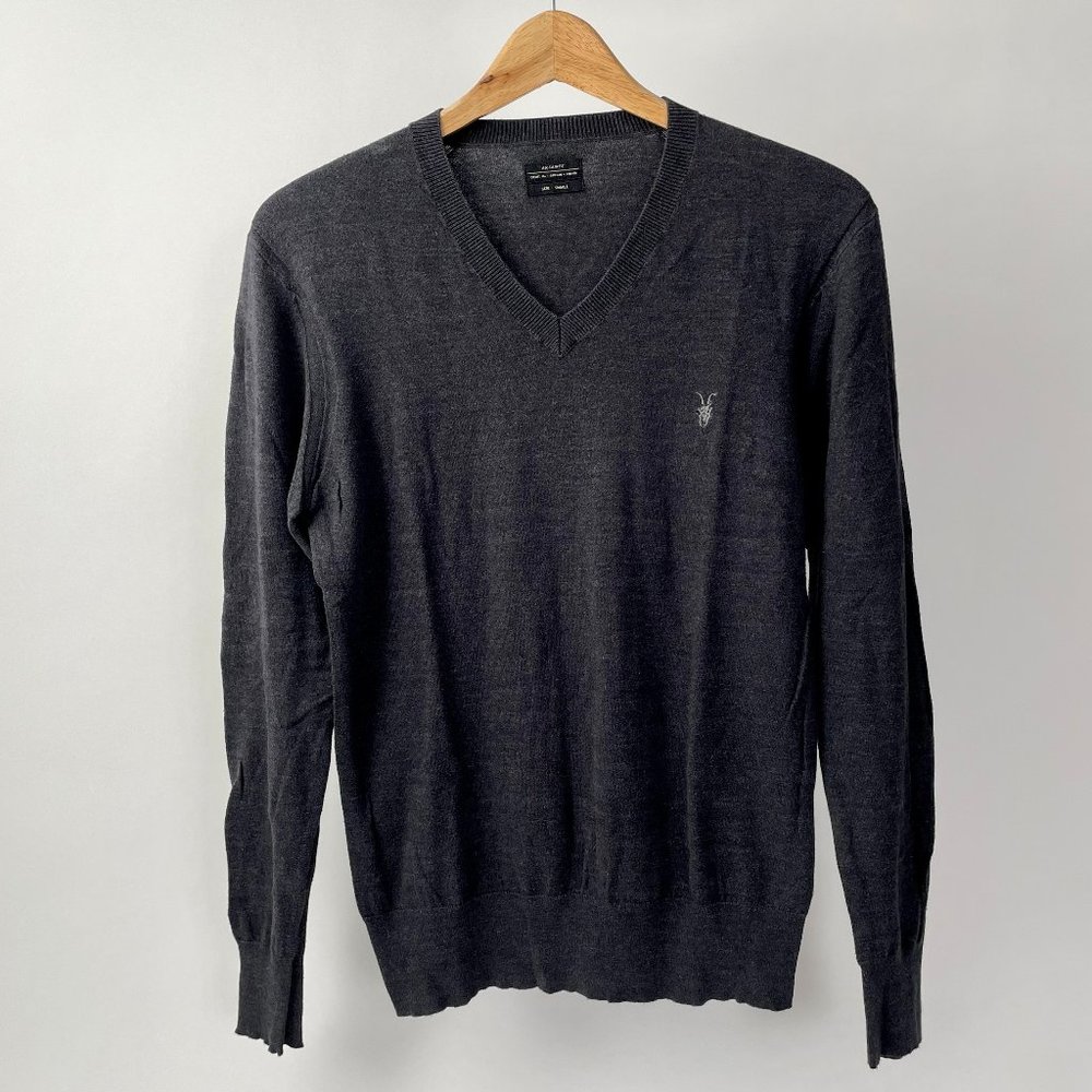 All Saints Lightweight Cotton V Neck Pullover Sweater, Charcoal Grey, Size S